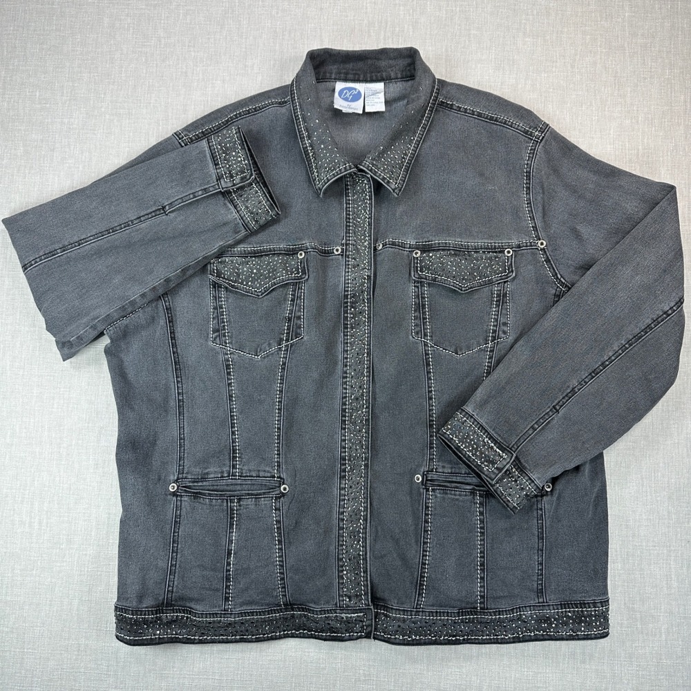 DG2 Diane Gilman Denim Jacket Womens 2X Black Rhinestone Western Y2K Plus Size